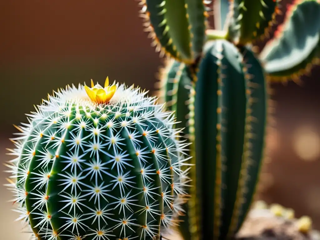 Detalle de injertos de cactus para coleccionistas, fusionando dos especies con cortes precisos y texturas naturales