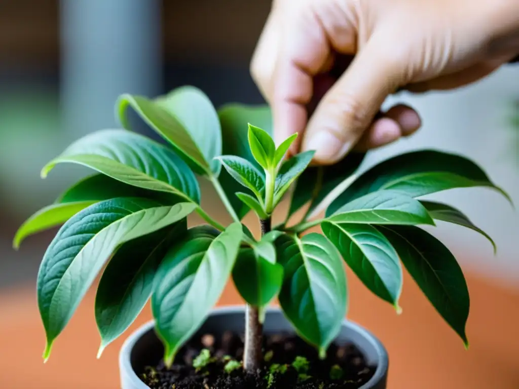 Detalle de injertos en plantas de interior: manos precisas y delicadas unen un tallo verde a la planta, fusionando belleza y ciencia