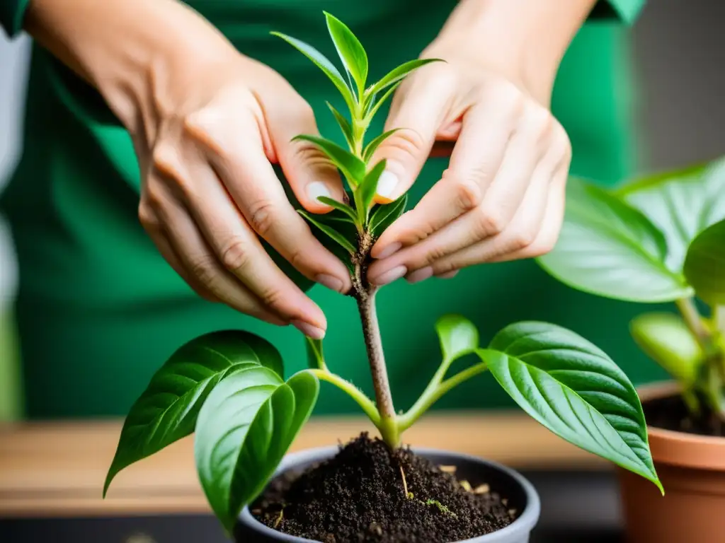 Detalle de injertos en plantas de interior: manos precisas injertando una rama delicada en una planta exuberante, fondo difuminado