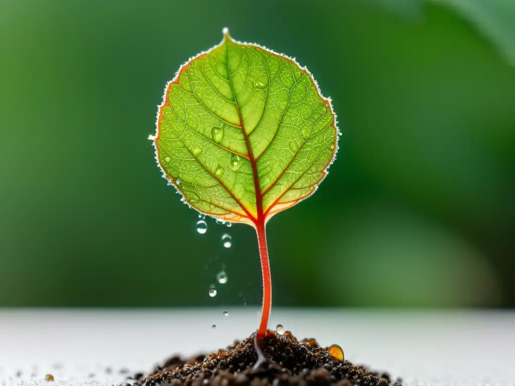 Detalle de la propagación de begonia en interior con delicadas raíces y gotas de agua sobre la tierra húmeda