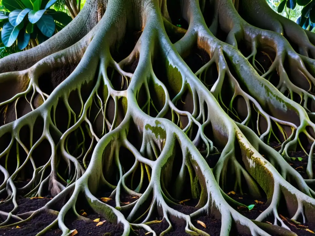 Detalle de las intrincadas raíces del Ficus Filosófico en un ambiente sereno y natural