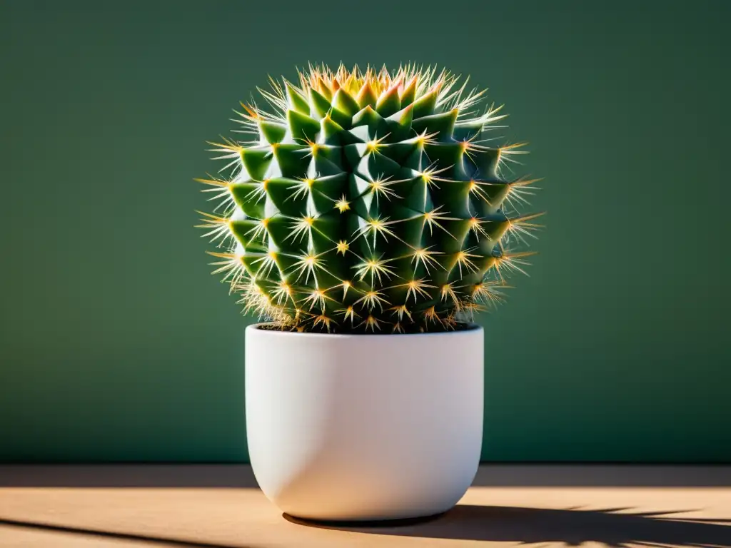 Detalle en 8k de cactus en maceta blanca, destacando la belleza de sus patrones naturales