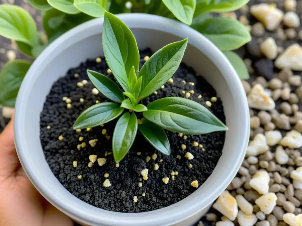 Detalle de maceta con gravilla y perlita, mejorando drenaje y aireación para beneficios en las plantas