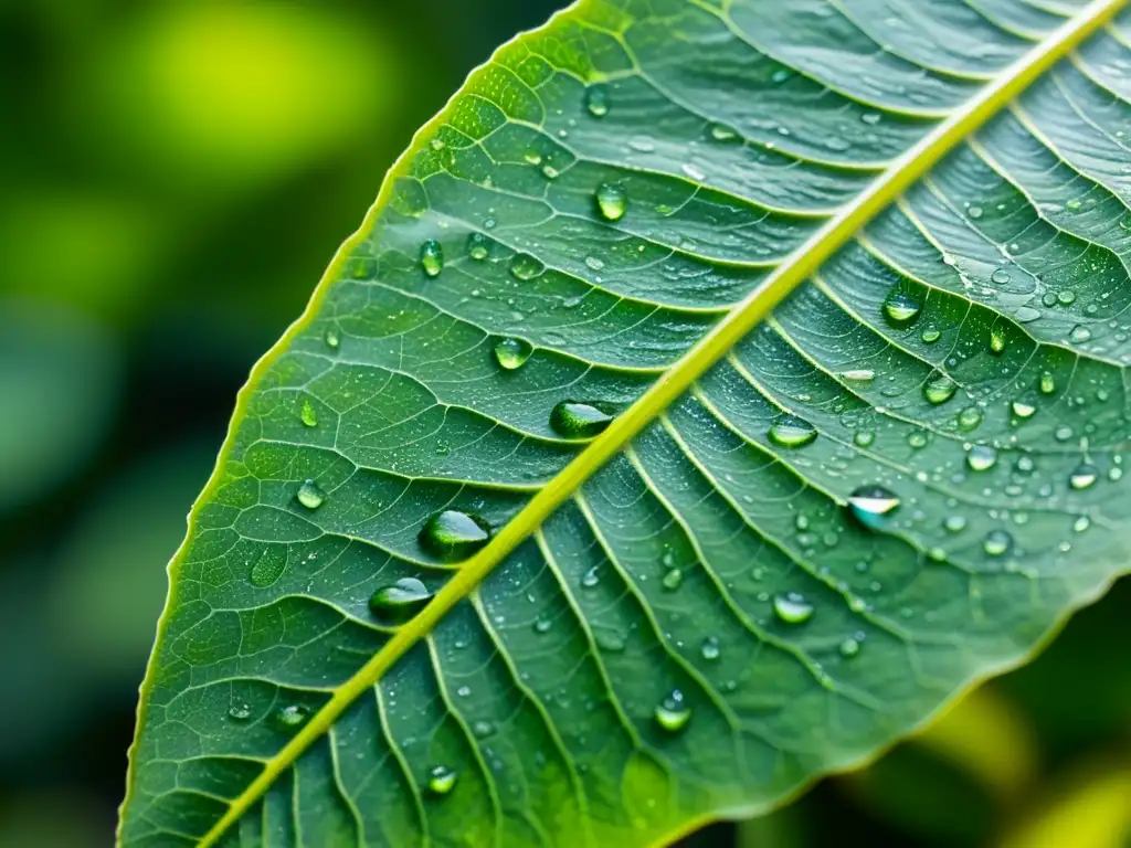 Detalle macro de gotas de agua en una hoja verde brillante, con efecto de luz y colores, técnicas macrofotografía follaje interior plantas