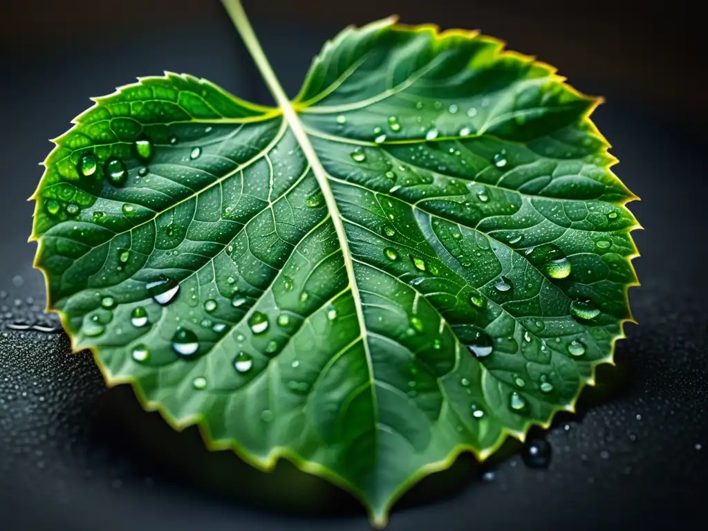 Detalle macro de una hoja verde vibrante con texturas e iluminación natural, resaltando la belleza del follaje interior