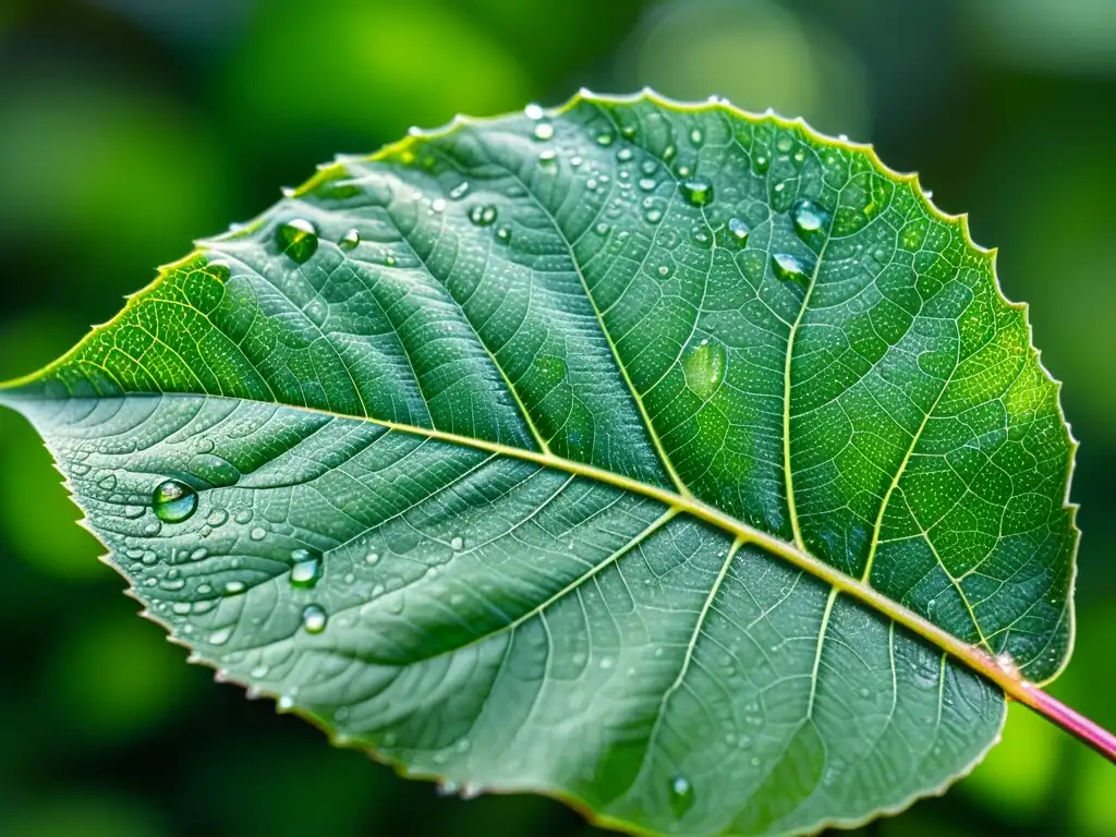 Detalle macro de una hoja verde esmeralda con gotas de agua, en un bosque