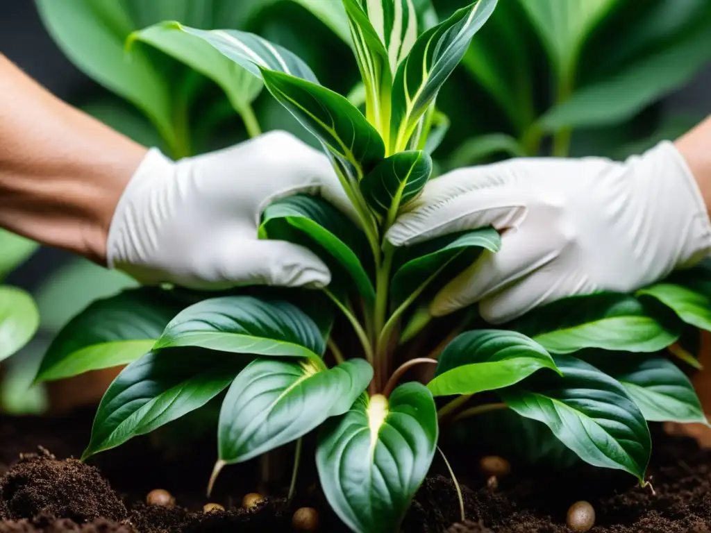 Detalle de manos dividiendo cuidadosamente la raíz de una Calathea, destacando la técnica de división en el cuidado de plantas