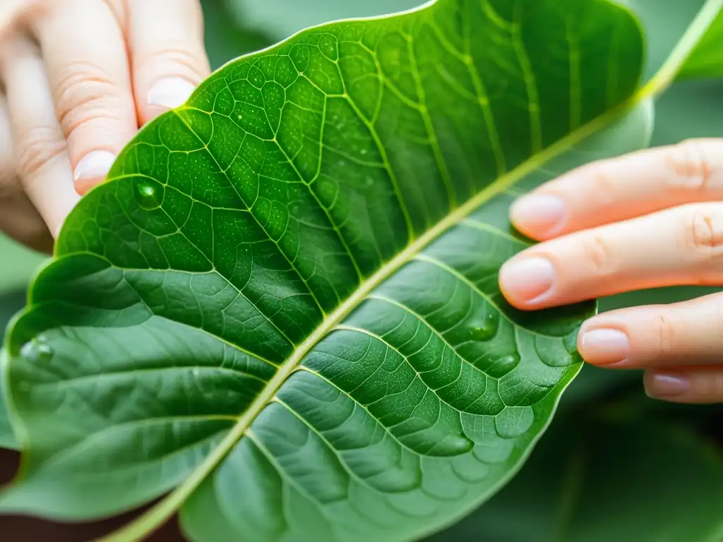 Detalle de manos expertas realizando clonación vegetal en planta de interior, con hoja verde y venas visibles