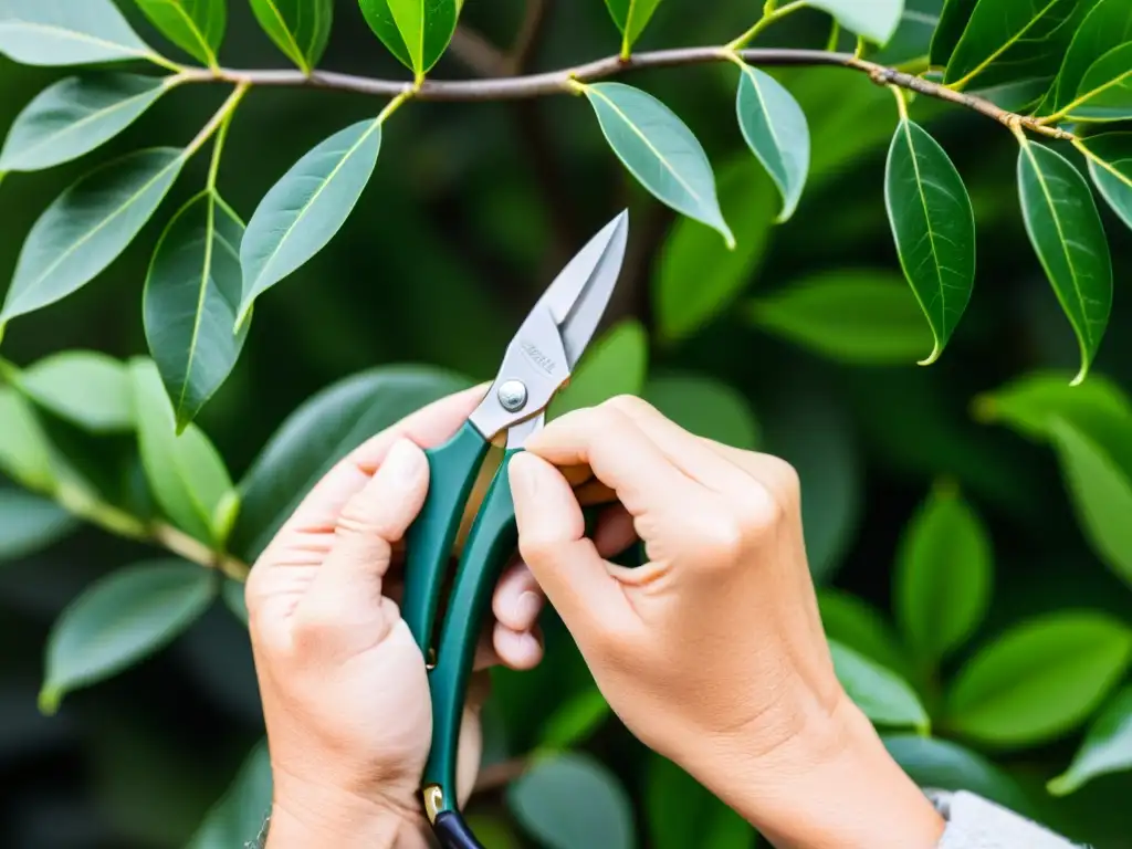 Detalle de manos podando un ficus con precisión y cuidado profesional