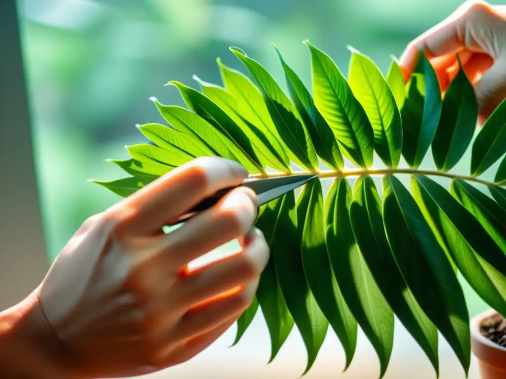 Detalle de manos podando planta interior con tijeras, resaltando técnicas de poda para un crecimiento saludable de plantas