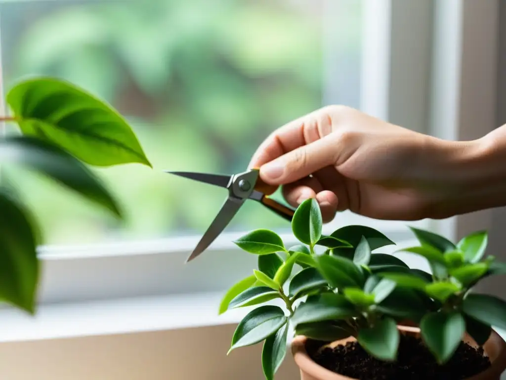 Detalle de manos podando una planta de interior en el mejor momento para poda estacional, con luz suave filtrada por la ventana