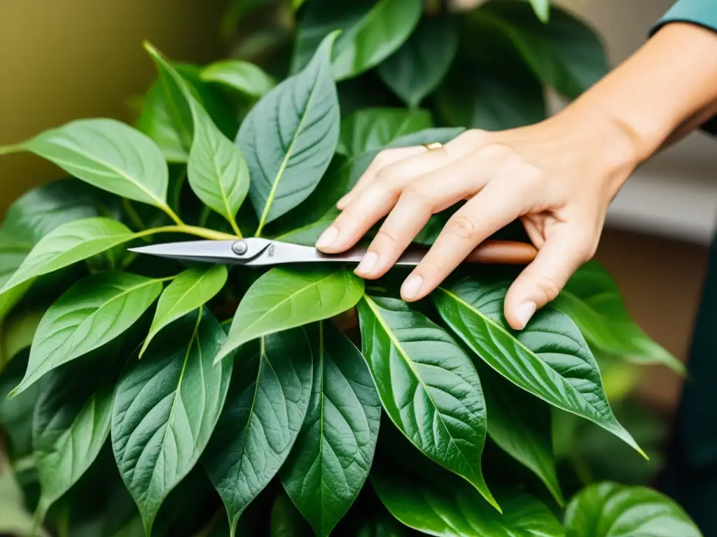 Detalle de manos podando con precisión las hojas de una planta de interior, resaltando la importancia de la poda en plantas de interior