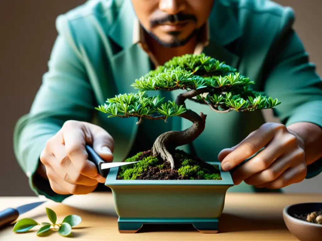 Detalle de manos podando con precisión un pequeño bonsái, resaltando la poda decorativa para plantas de interior