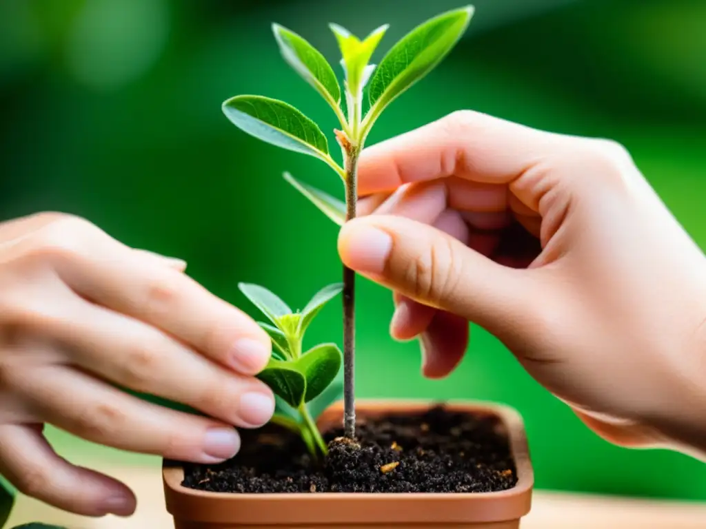 Detalle de manos realizando con precisión técnicas de injerto en plantas de interior, bañadas en luz natural