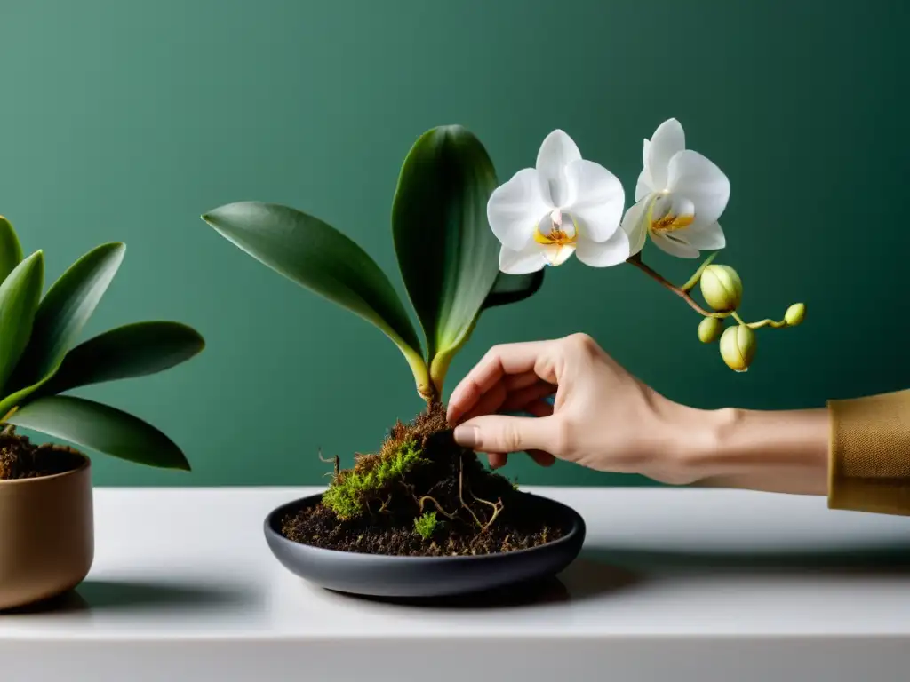 Detalle de manos separando raíces de orquídea en interior minimalista