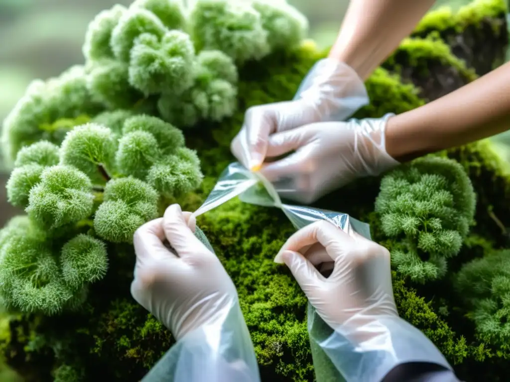 Detalle de manos envolviendo ramita con musgo y plástico, demostrando la técnica de propagación por acodo en plantas