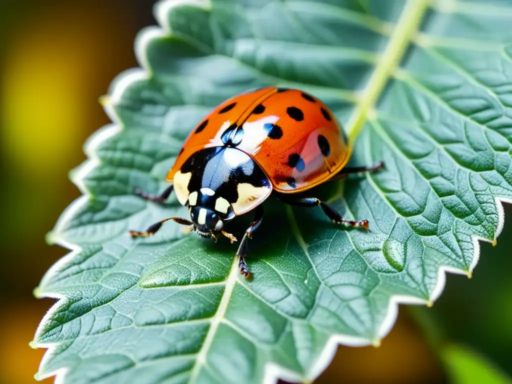 Detalle de una mariquita en una hoja verde brillante, destacando el patrón de sus alas rojas y negras