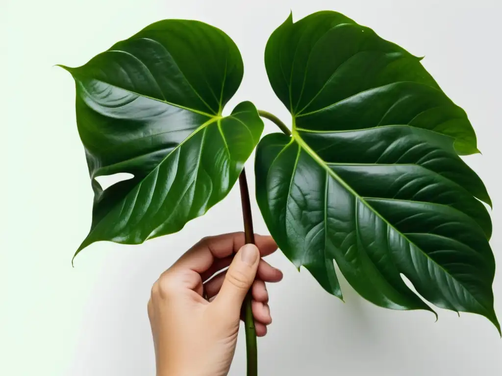 Detalle meticuloso de propagación efectiva Philodendron interior: manos cuidadosas separan una planta, listas para el trasplante