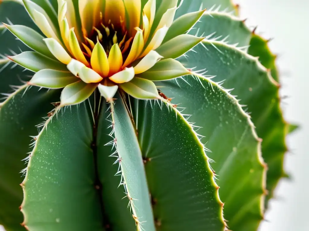 Detalle meticuloso del injerto de cactus en interiores, mostrando la delicada alineación y los sutiles tonos verdes de los tejidos vasculares