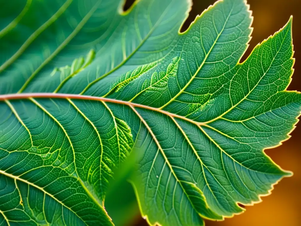 Detalle microscópico de una hoja con patrones intrincados en tonos verdes y marrones, simbolizando la resistencia de las plantas a los pesticidas