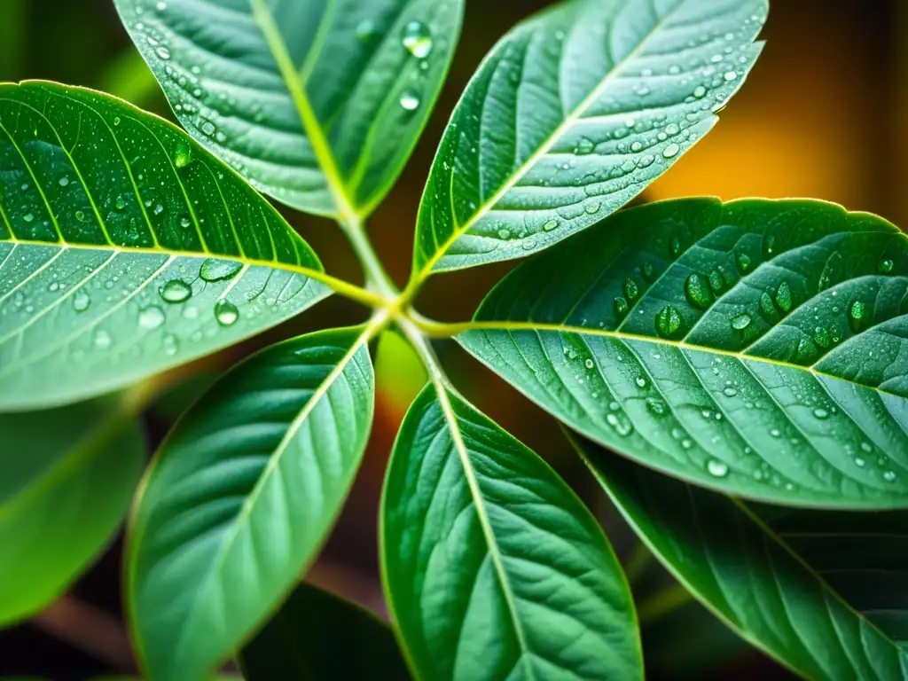 Detalle microscópico de hojas verdes en planta de interior, reflejando la importancia de la microbiota en la calidad del aire