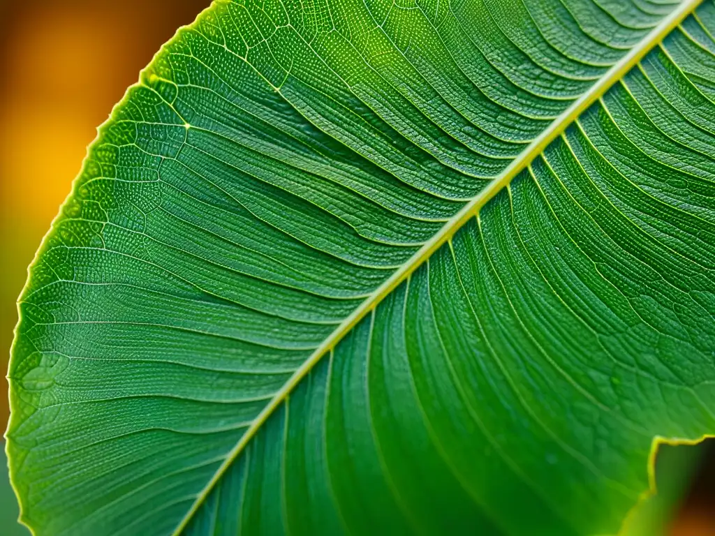 Detalle microscópico de la textura de una hoja verde vibrante de planta de interior, con intrincadas venas y patrones