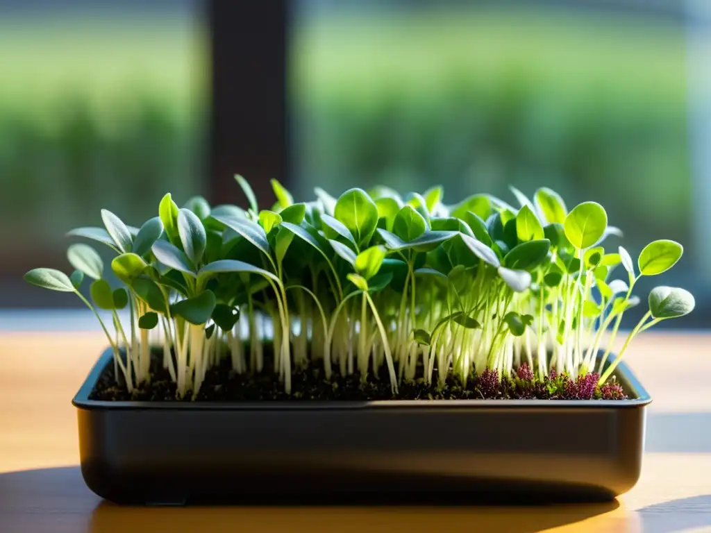 Detalle de microvegetales vibrantes cultivados como superalimentos en una ventana soleada