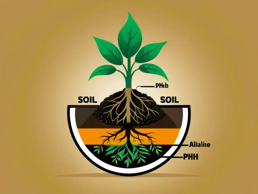 Ilustración del impacto del pH en el crecimiento de las plantas Detalle de ilustración minimalista de planta en suelos ácidos y alcalinos, mostrando efectos en crecimiento y salud de plantas interiores