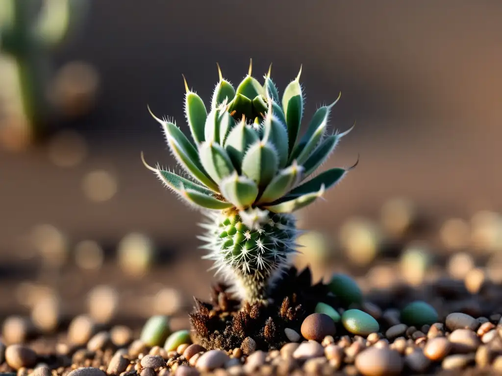 Detalle de la multiplicación cactus sin espinas emergiendo de la tierra, con suave enfoque y serenidad