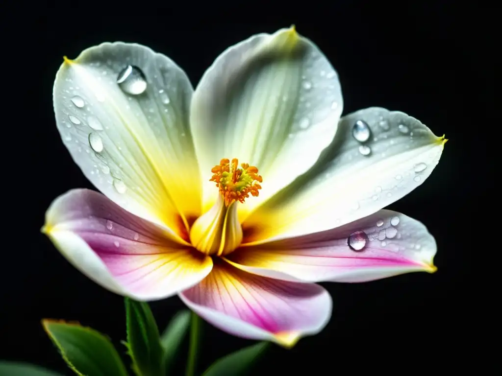 Detalle de un pétalo de flor con gotas de agua, venas delicadas y colores sutiles sobre fondo oscuro