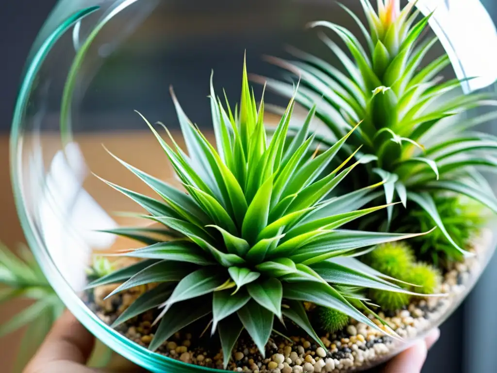 Detalle de planta de aire Tillandsia ionantha en terrario moderno