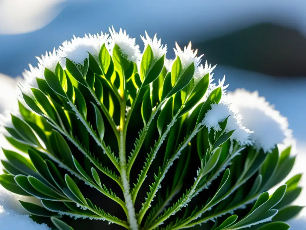 Detalle de planta de musgo antártico en nieve, resaltando su belleza y resiliencia en ambiente gélido