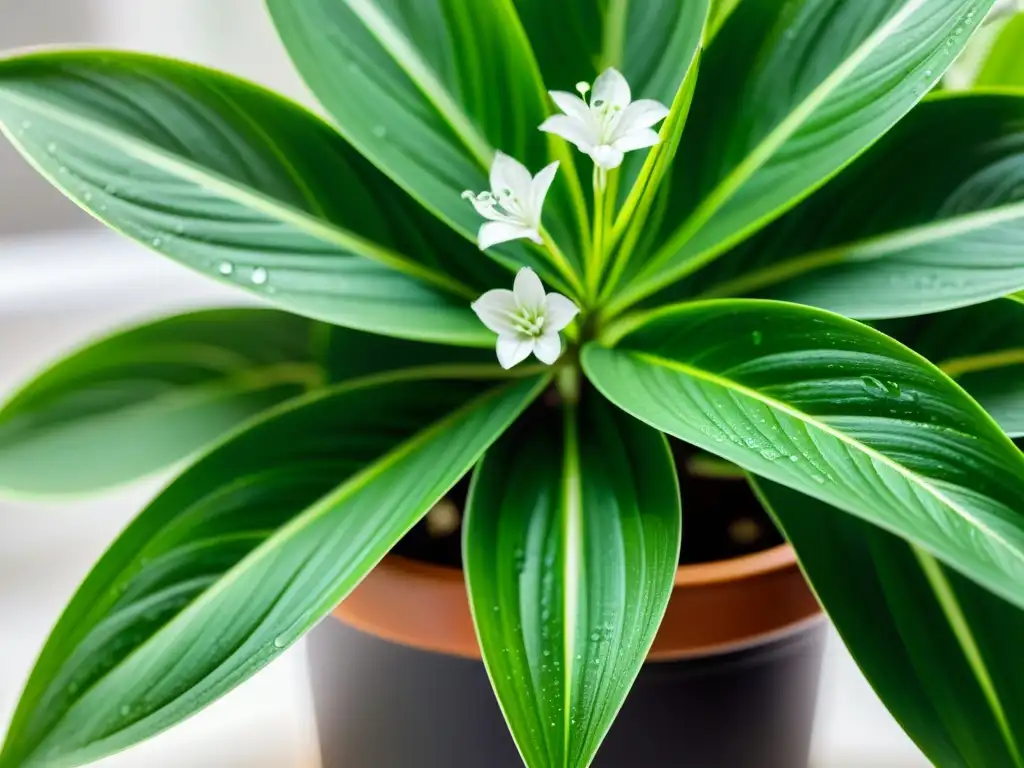 Detalle de una planta araña con flores blancas en maceta transparente