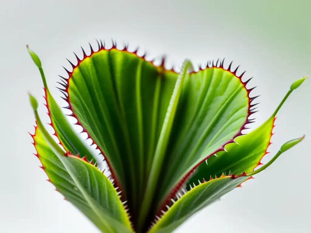 Detalle de planta carnívora Venus flytrap verde en fondo blanco, lista para atrapar presas