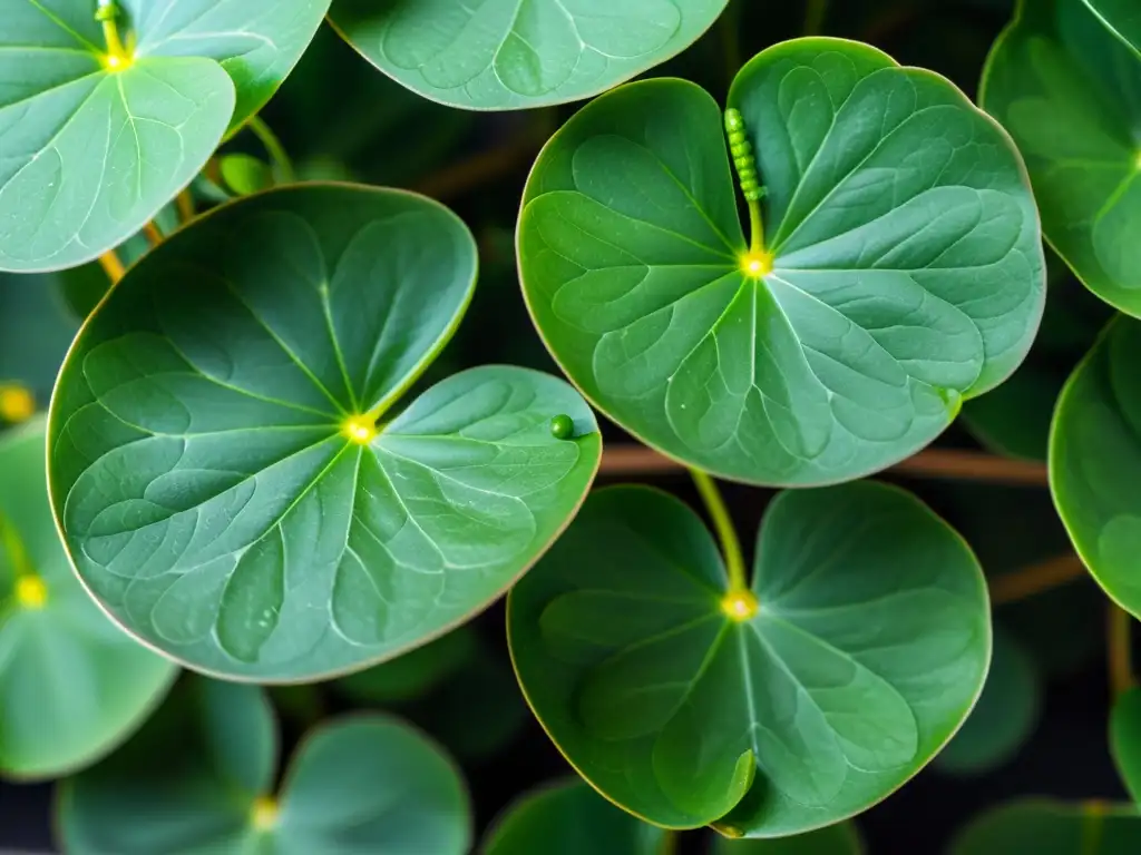 Detalle de la reproducción de planta de dinero cuidados, con hojas verdes y patrones intrincados, bañadas por la luz del sol