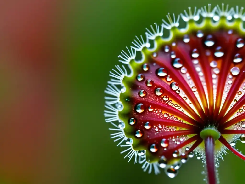 Detalle de una planta de rocío (Drosera) con gotas de mucílago brillante, destacando sus tentáculos captores