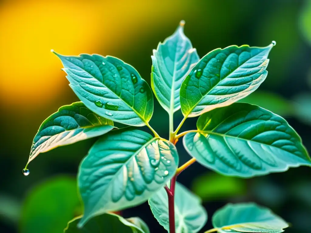 Detalle de planta hidropónica verde iluminada en dorado, evocando tranquilidad y crecimiento