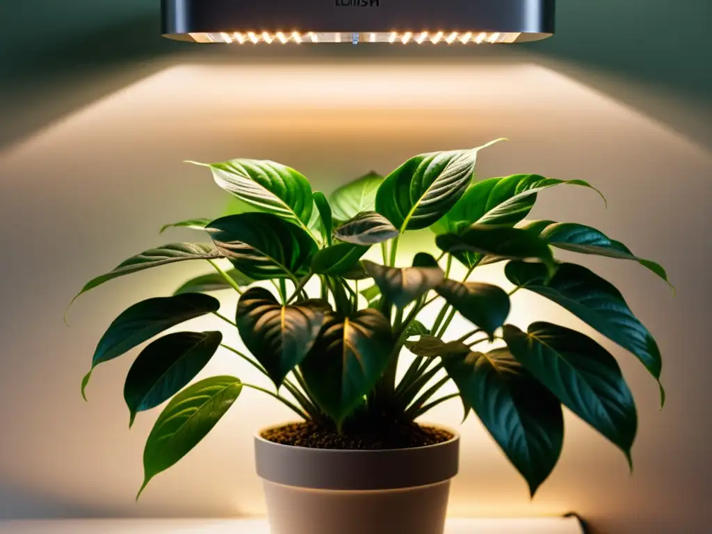 Detalle de planta de interior con iluminación artificial, resaltando su crecimiento saludable y vibrante