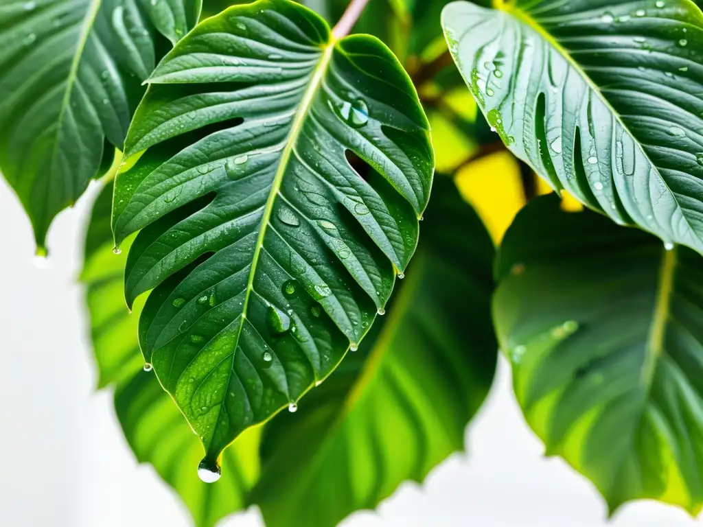 Detalle de planta de interior con beneficios de jardinería comunitaria, hojas verdes y gotas de agua al sol