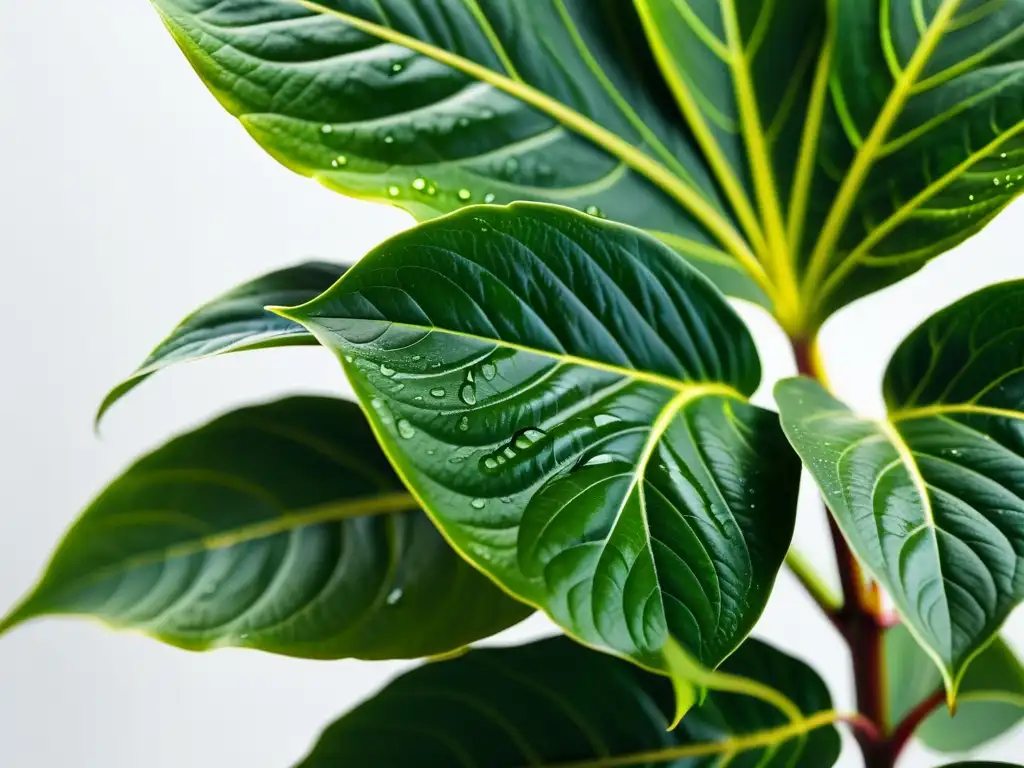 Detalle de planta de interior cuidada, exuberante y saludable, con hojas vibrantes y texturas fascinantes, iluminadas por la luz