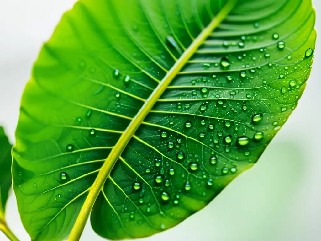 Detalle de planta de interior con efectos de humedad, hojas verdes brillantes con gotas de agua