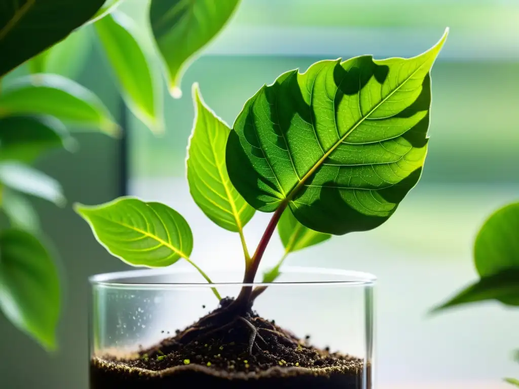 Detalle de planta de interior exuberante en recipiente de vidrio, refleja vida y cuidado en desarrollo plantas interiores cuidados