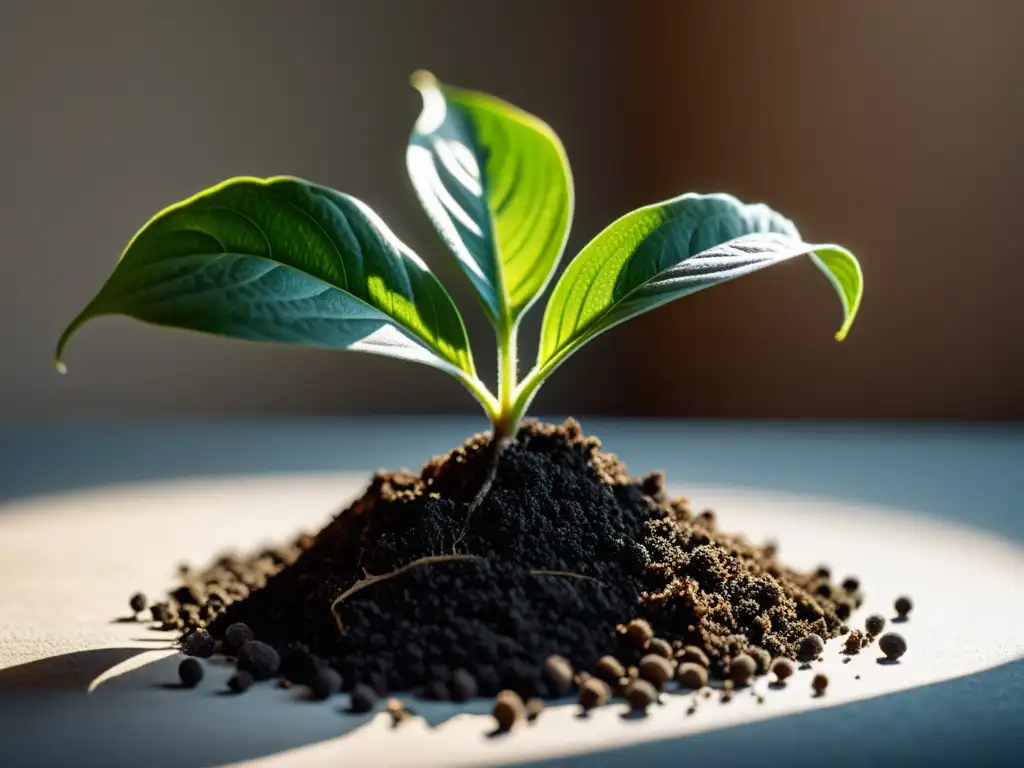 Detalle de planta de interior fertilizada con fertilizante orgánico casero, en un ambiente minimalista y calmado