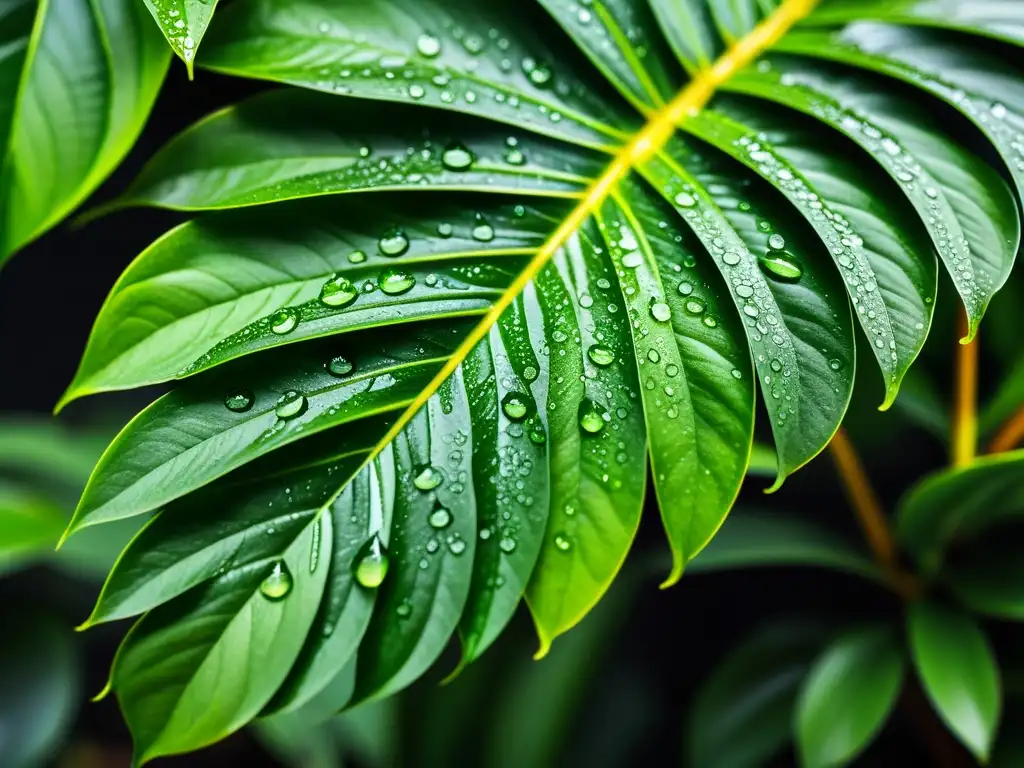 Detalle de planta de interior con gotas de agua, resaltando la importancia de usar reguladores de riego para mantener su vitalidad y belleza