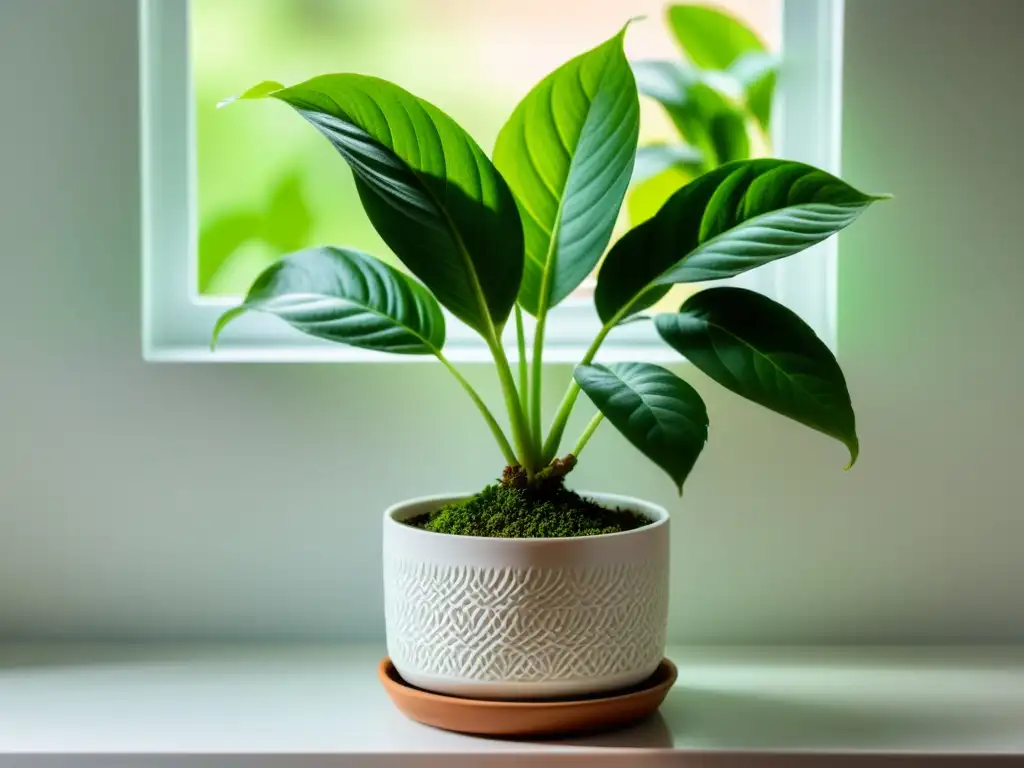 Detalle de planta de jengibre de interior con hojas sanas y brotes, en maceta blanca sobre superficie luminosa