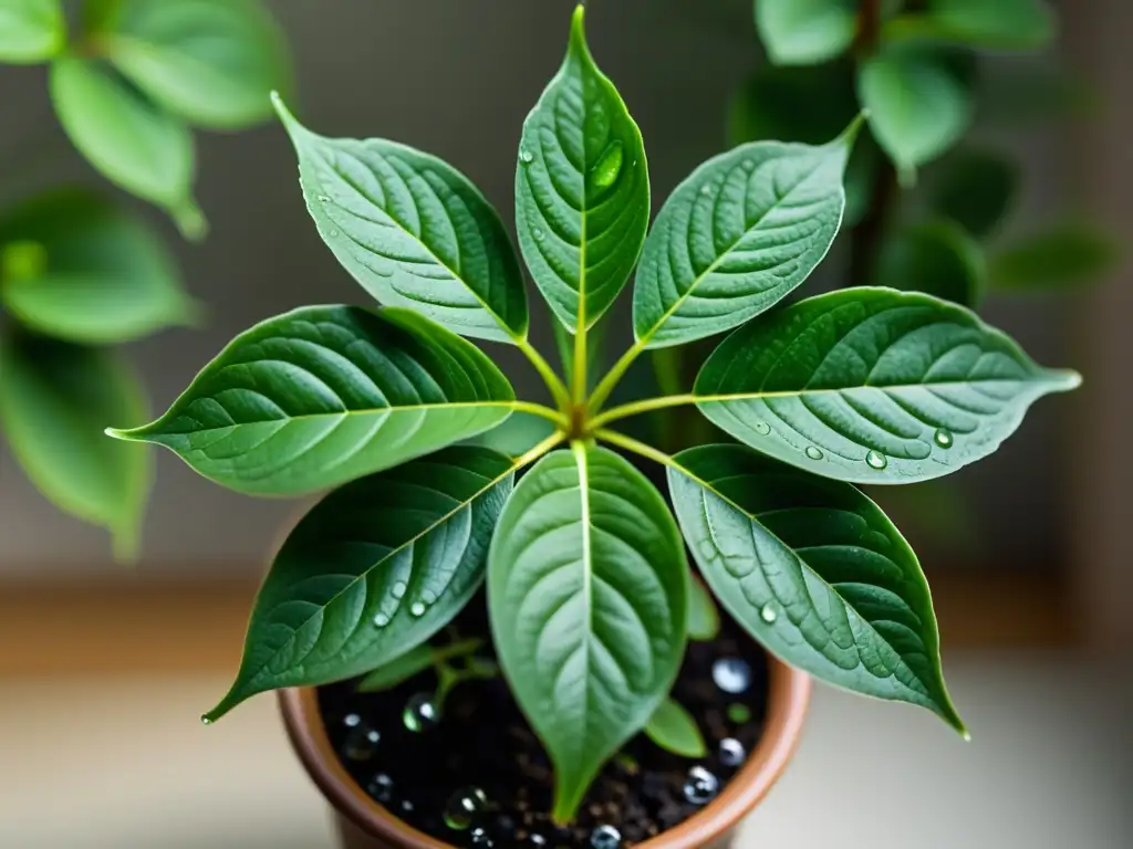 Detalle de planta de interior con micropropagación, hojas verdes vibrantes y gotas de agua, resaltando su belleza natural