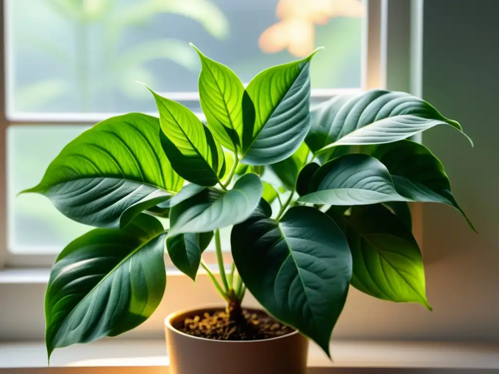 Planta de interior: belleza natural y maravilla científica Detalle de planta de interior en poca luz, con hojas verdes y venas visibles, iluminada suavemente por la ventana
