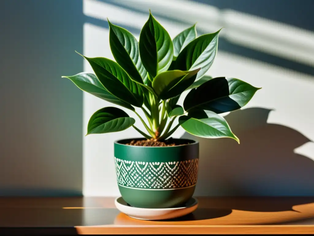 Detalle de planta de interior en maceta con hojas vibrantes, bañada en luz natural