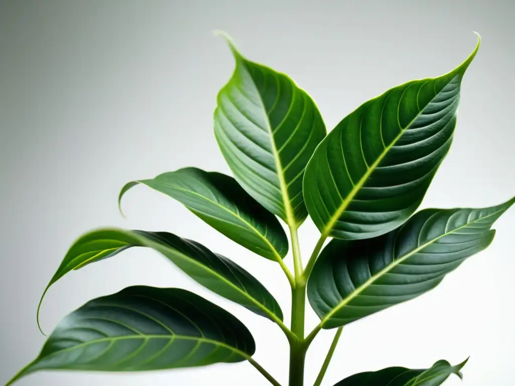 Detalle de planta de interior con patrones intrincados en hojas, iluminada suavemente en fondo blanco