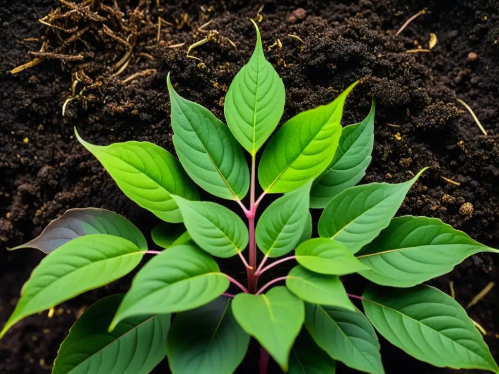 Detalle de planta de interior rodeada de vermicompostaje, resaltando su vitalidad y belleza natural